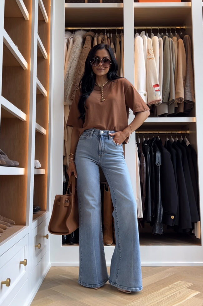 mia mia mine wearing a brown tee from target for fall