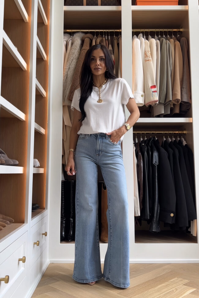 mia mia mine wearing a white tee and wide leg jeans from target