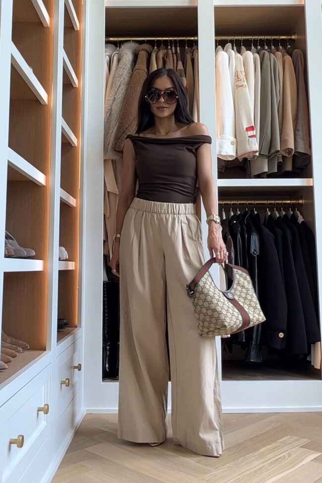 fashion blogger wearing wide leg pull-on pants from target