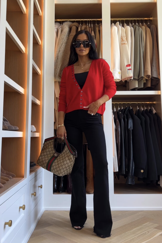 fashion blogger wearing a red cardigan from zara