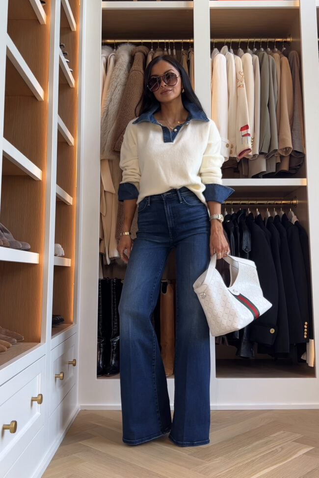 fashion blogger wearing a denim trim polo sweater from amazon