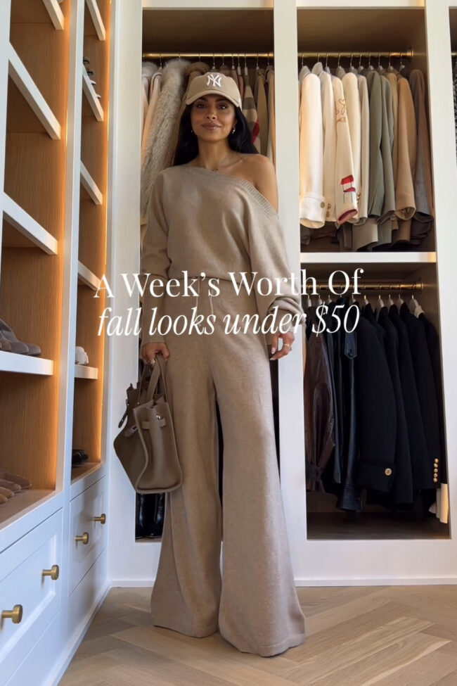 brunette fashion blogger wearing a matching knit set for fall