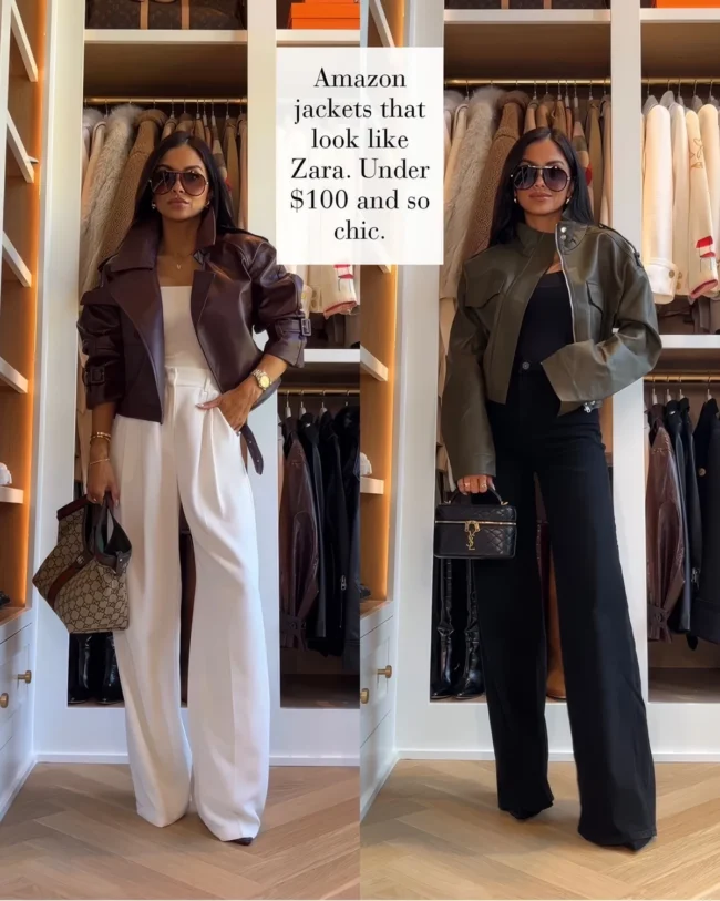 mia mia mine wearing amazon faux leather jackets