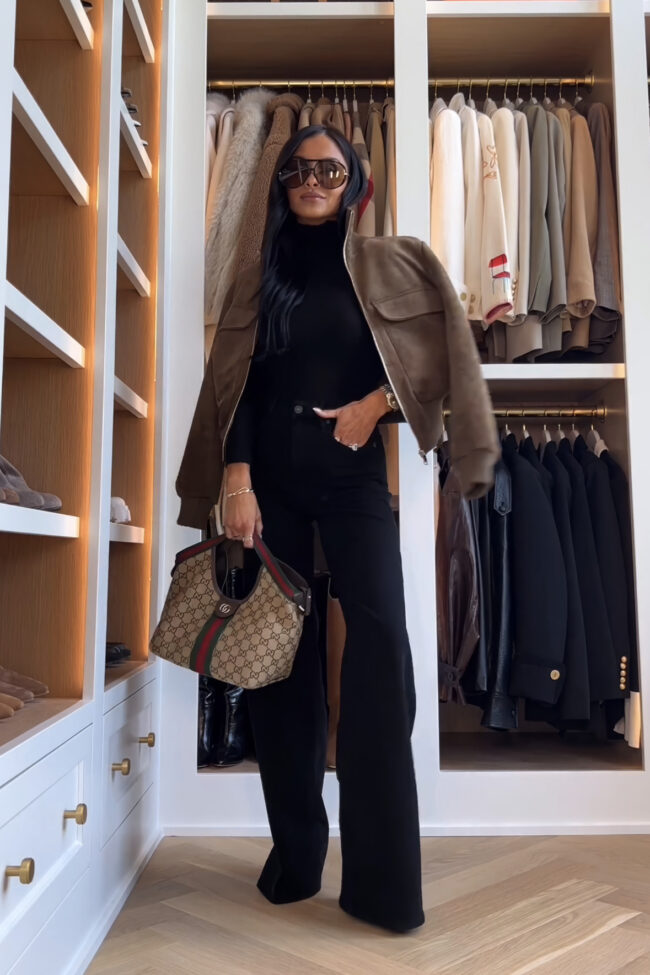fashion blogger mia mia mine wearing citizens black wide leg jeans with a zara suede bomber jacket