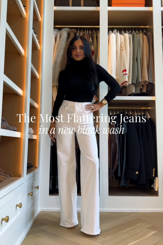 brunette fashion blogger wearing citizens lyra wide leg jeans