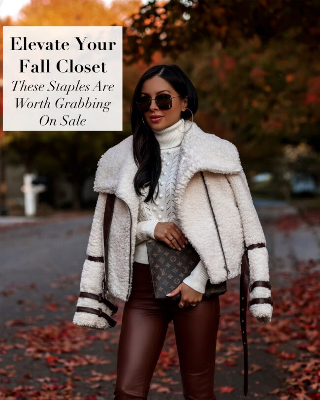 mia mia mine wearing a shearling moto jacket