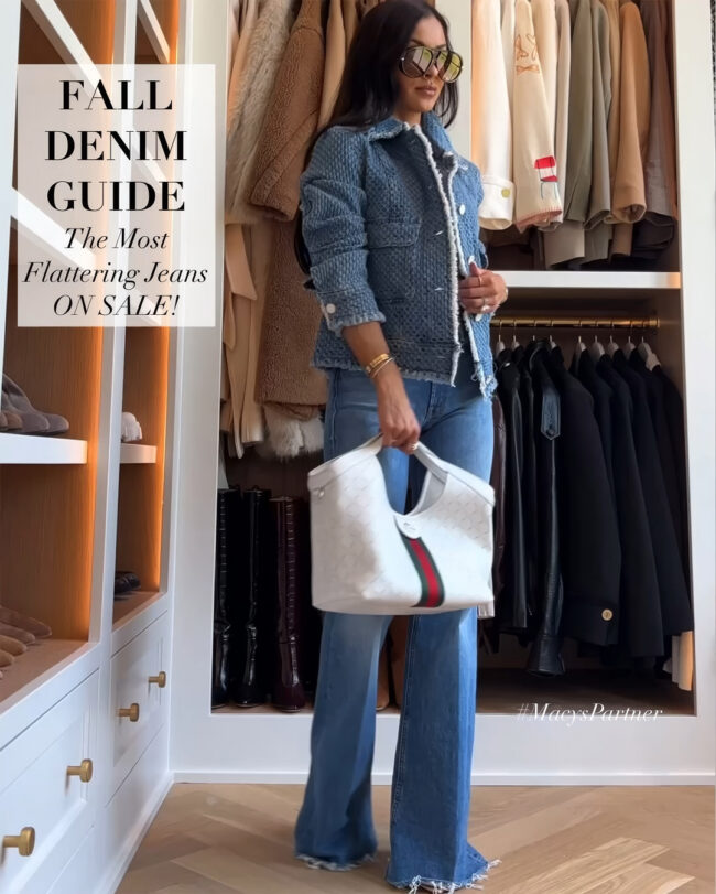 mia mia mine wearing a zara denim jacket with mother raw hem jeans