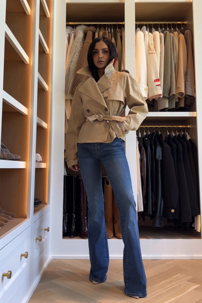 mia mia mine wearing good american flared jeans with a cropped trench