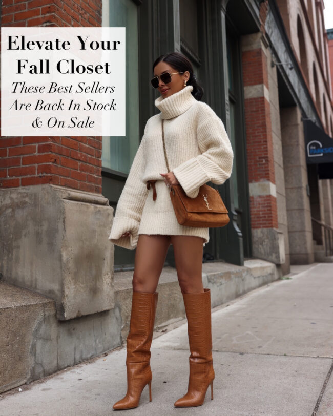 mia mia mine wearing a sweater dress and boots for fall