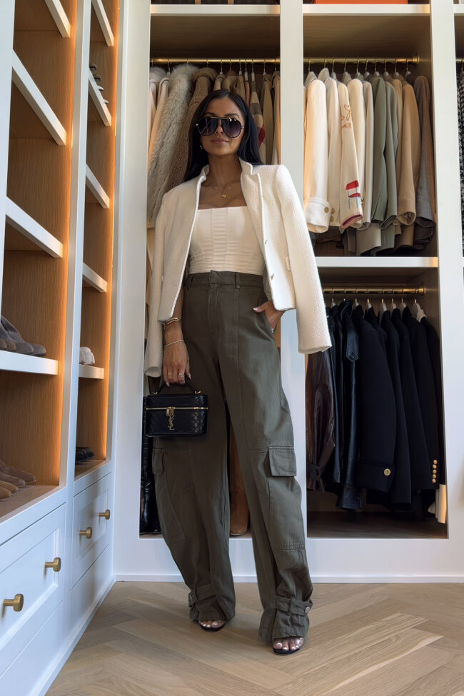 mia mia mine wearing a zara white blazer with green cargo pants for fall