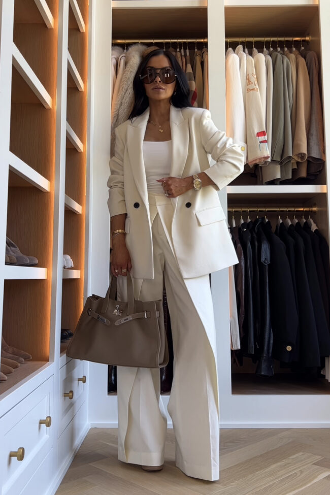 fashion blogger wearing an ivory blazer from zara