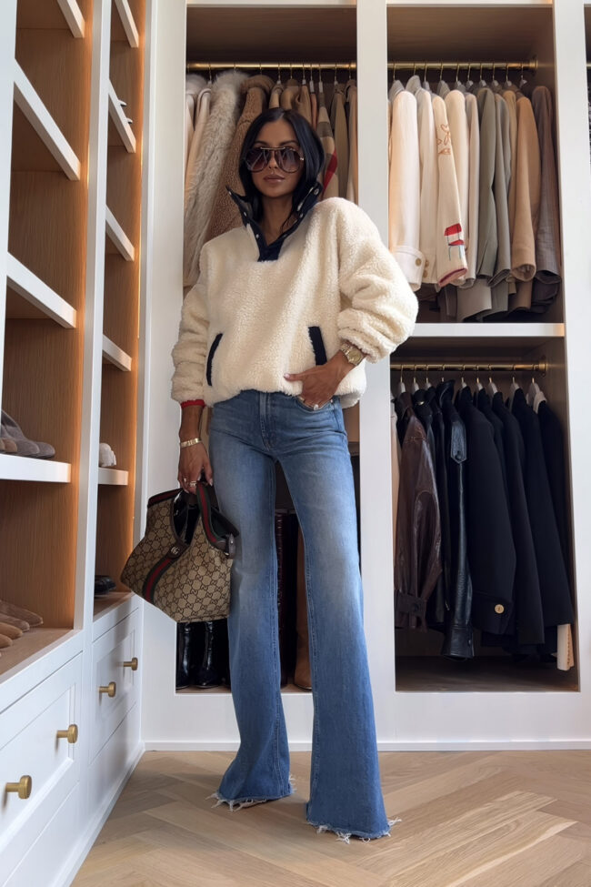 fashion blogger wearing a fleece pullover from polo