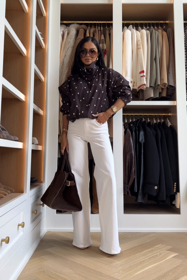 mia mia mine wearing a brown polka dot jacket from zara