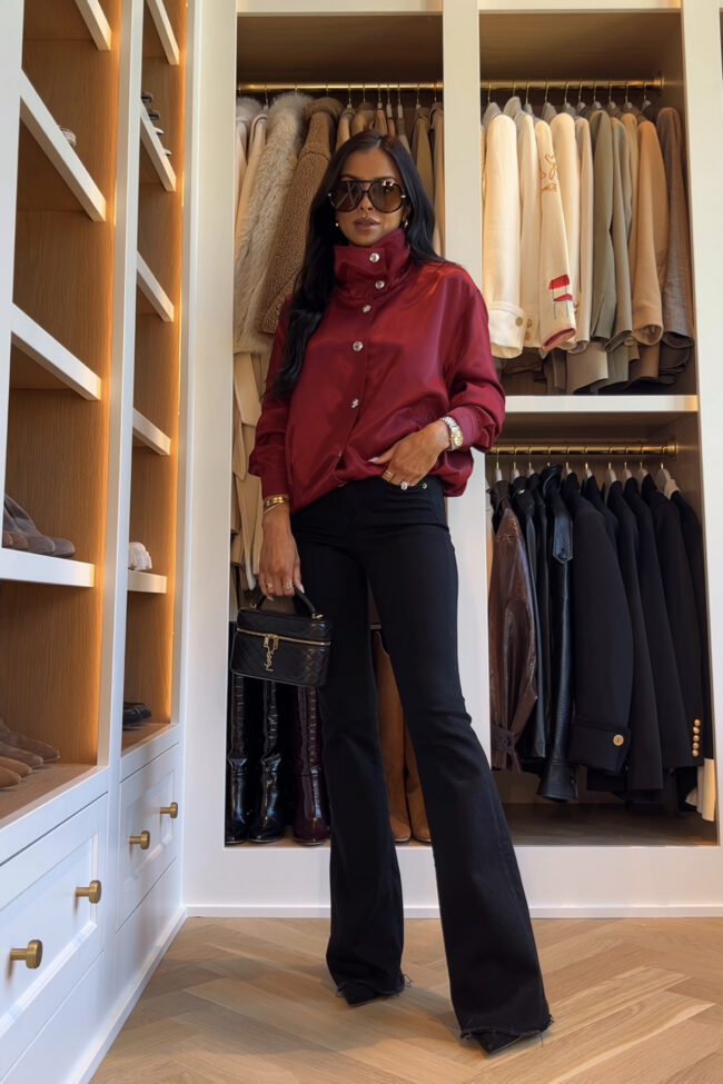 brunette fashion blogger wearing a zara burgundy bomber jacket