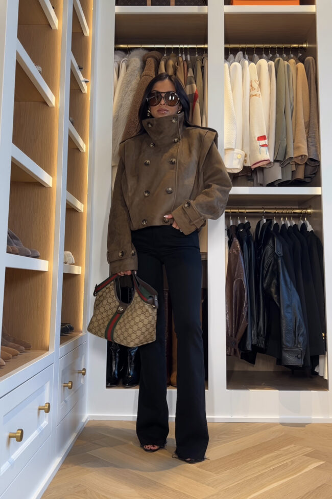 mia mia mine wearing a suede trench coat from zara