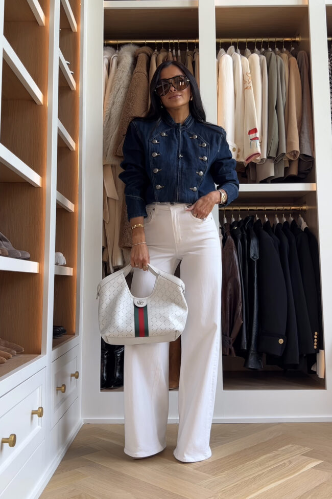 mia mia mine wearing a zara denim jacket with white jeans