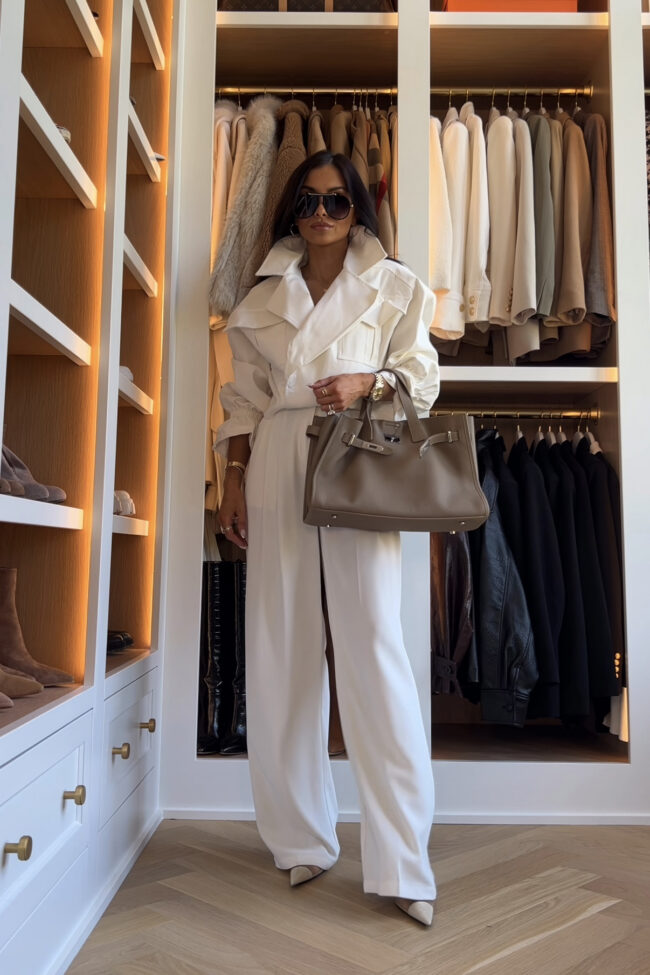 mia mia mine wearing an amazon white jacket and trousers for fall