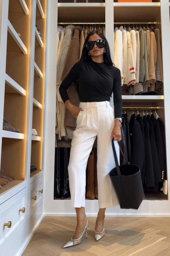 mia mia mine wearing an amazon bodysuit with a bucket bag similar to the row
