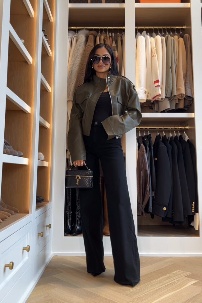 mia mia mine wearing an amazon green jacket that look like zara