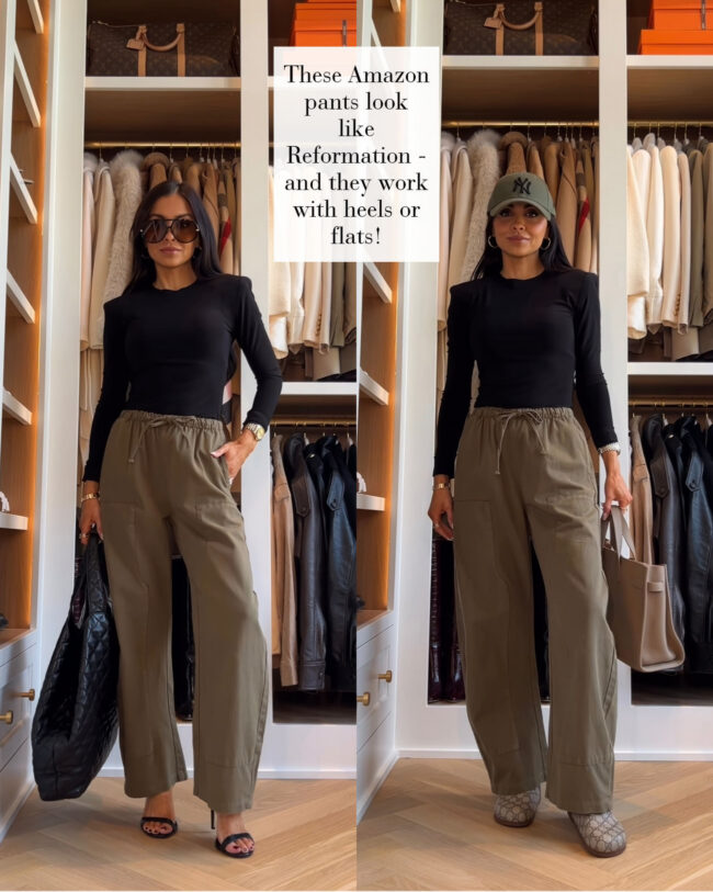 fashion blogger wearing reformation lookalike barrel pants from amazon
