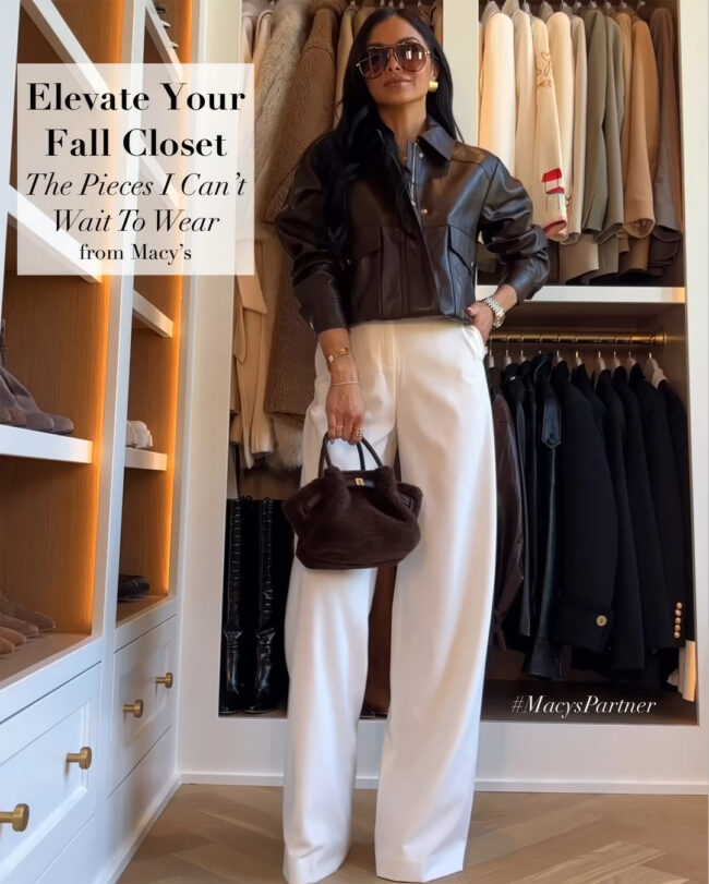 mia mia mine wearing a faux leather jacket and white trousers from macys