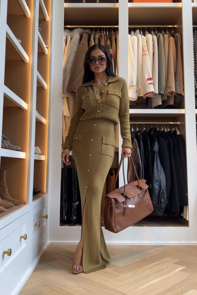 brunette fashion blogger wearing a green sweater set from macy's for fall