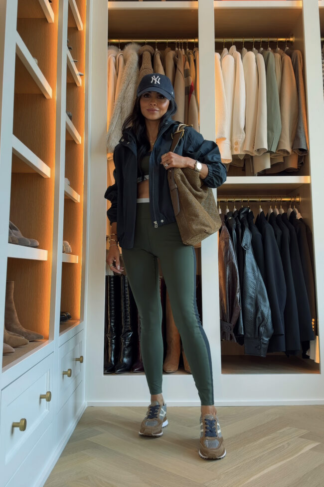 mia mia mine wearing a green workout set with veronica beard sneakers from nordstrom