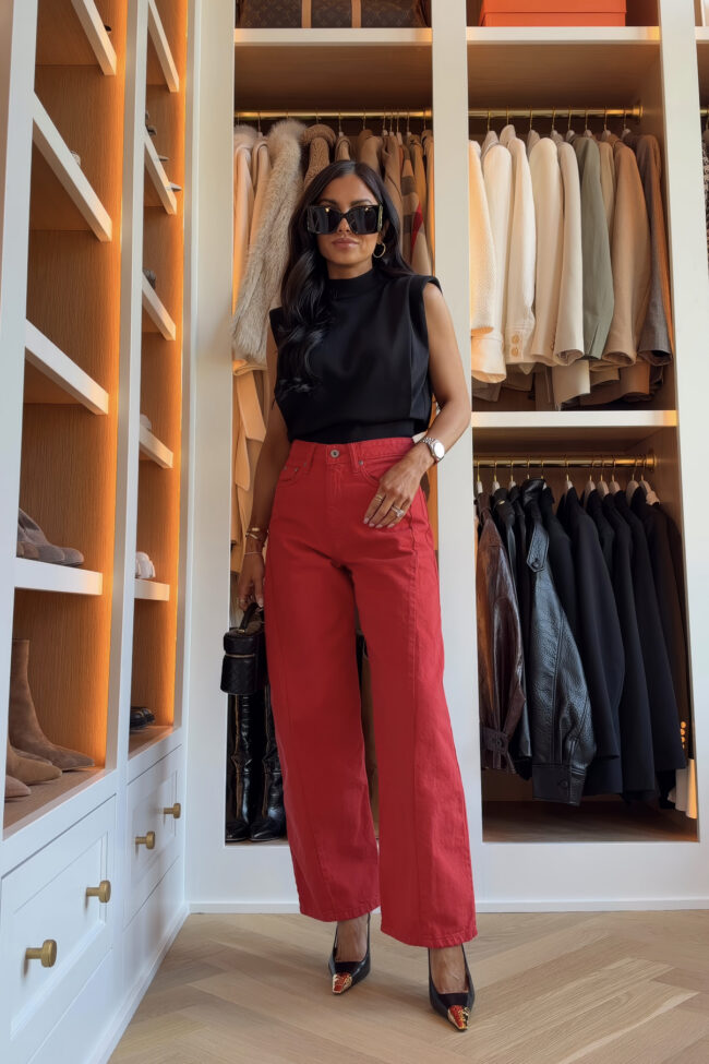 fashion blogger wearing zara red barrel jeans