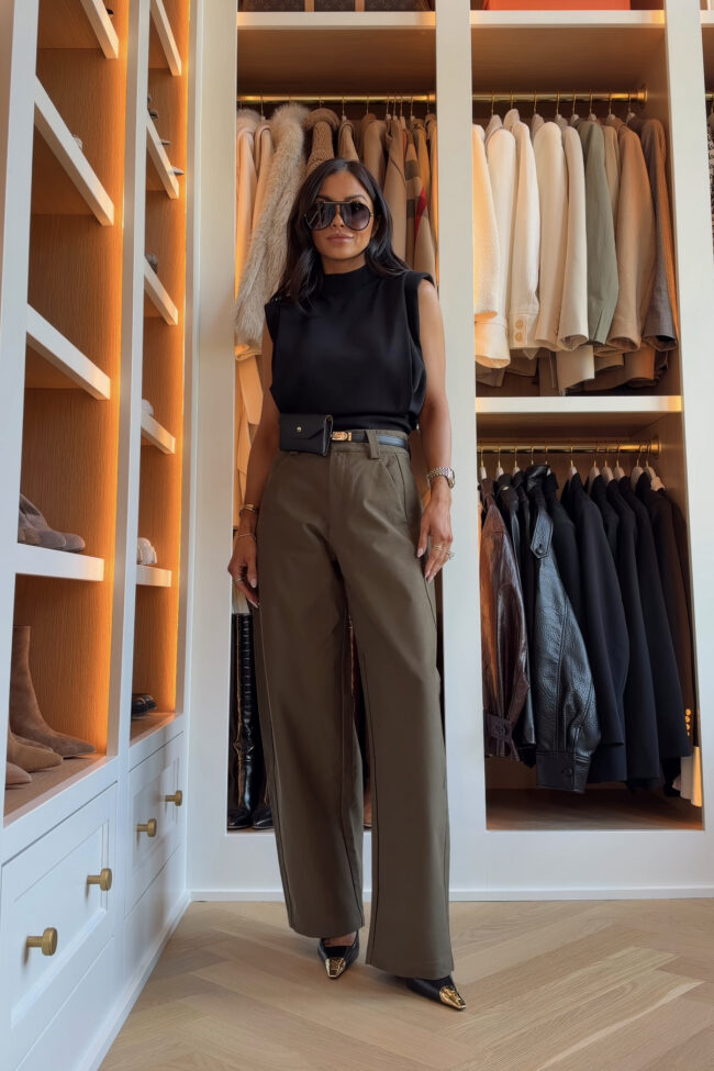 mia mia mine wearing zara olive barrel pants for fall