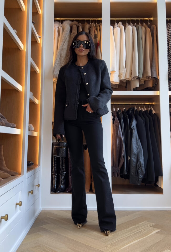 fashion blogger wearing a zara tweed jacket that looks like celine