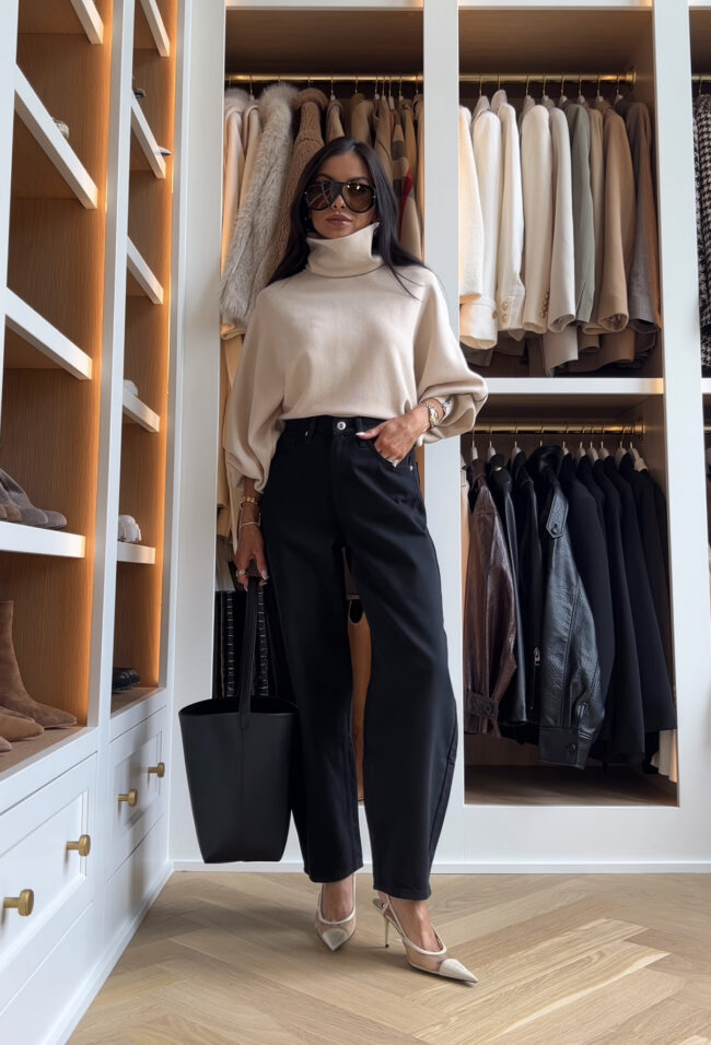 mia mia mine wearing target barrel jeans and a zara tan sweater