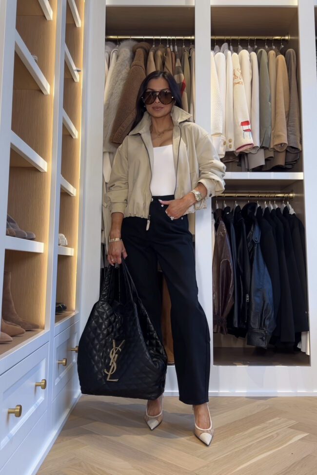 mia mia mine wearing a target bomber jacket and target barrel jeans