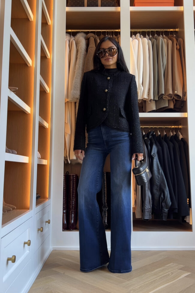 brunette fashion blogger wearing a zara tweed blazer that looks like chanel