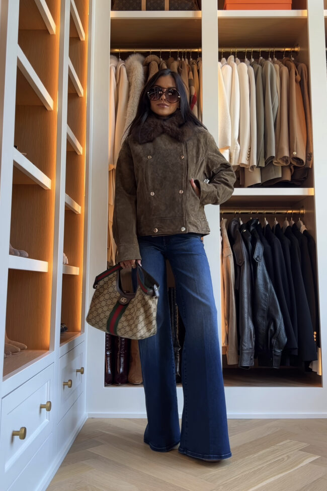 mia mia mine wearing a suede jacket with a fur collar from zara