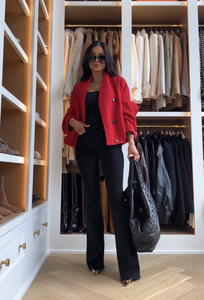 fashion blogger wearing a red double breasted jacket from zara for fall
