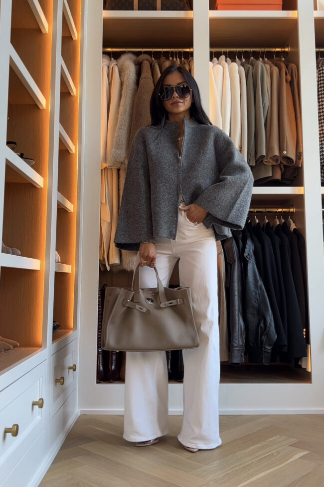 mia mia mine wearing a gray zip-up cardigan from zara
